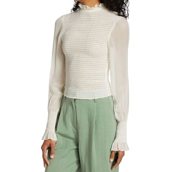 Rag & Bone NWT Kayden Sheer Smocked Blouse women's sz M in Light Dove - Picture 1 of 13